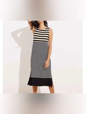 LOFT Black, White and Gold Striped Sleeveless Midi Dress